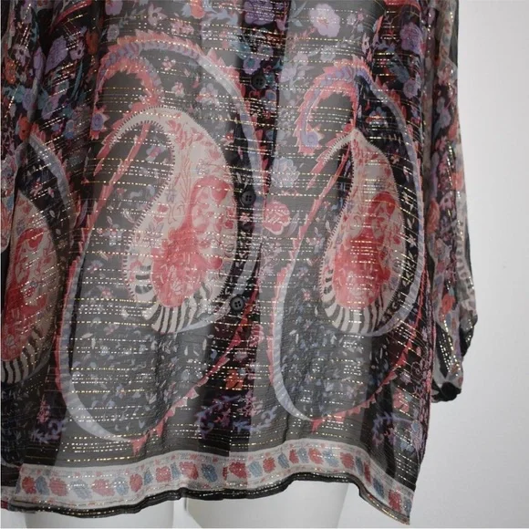 TUCKER Bergdorf Goodman Boho 100% Silk Button Down Sheer Blouse Metallic Size S - Picture 6 of 11